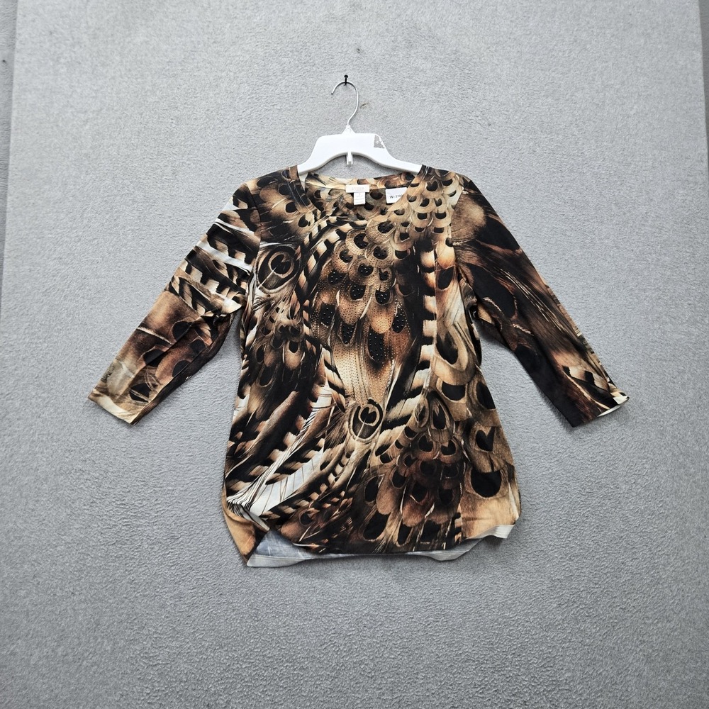 Chico's Women Blouse 1 Brown Animal Print Rhinestone Tunic Pullover Stretch